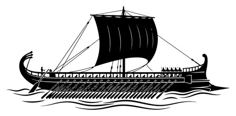 Ancient Greek trireme warship with oars sailing on sea waves silhouette vector © Camel