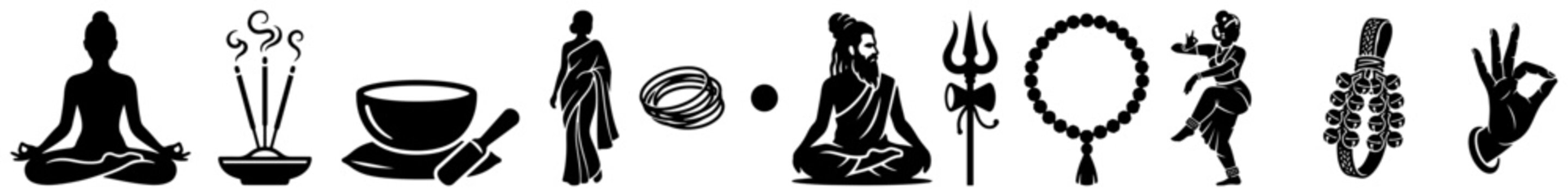 Meditation and yoga spiritual icons set including yogi incense and mudra hand silhouette