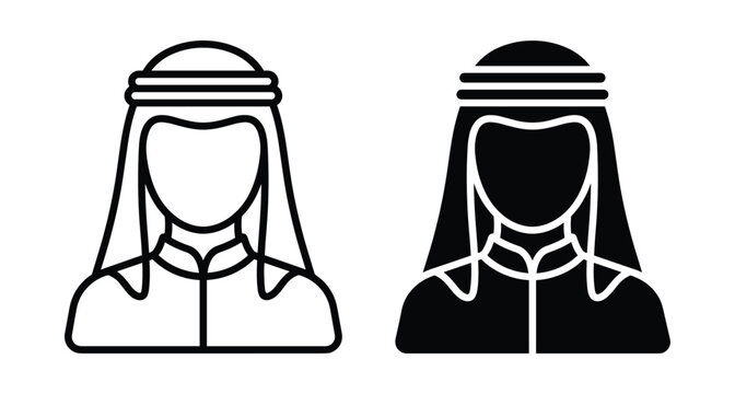 Arab man icon set featuring traditional middle eastern male avatar wearing ghutra and agal headwear in line and solid styles