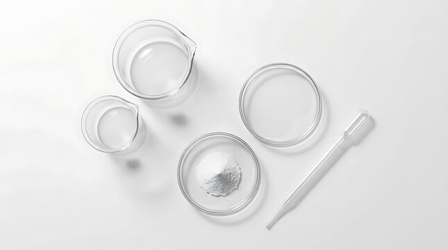Chitosan powder sample in a petri dish with laboratory glassware for chemical research and scientific analysis study