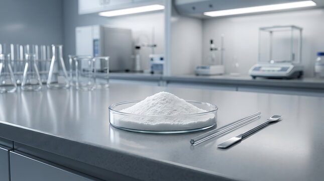 Chitosan powder sample in a petri dish on a laboratory bench with scientific glassware for pharmaceutical research