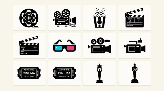 Set of cinema and movie icons featuring film reels, cameras, popcorn, clapperboards, and award trophies in black style