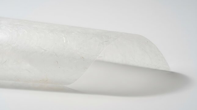 A close-up view of a thin, translucent sheet of biodegradable bioplastic material made from raw natural chitosan