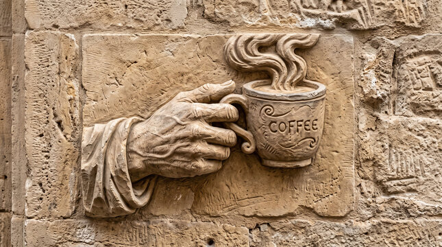 mock antique stone bas-relief sculpture of hand holding coffee cup with decorative border