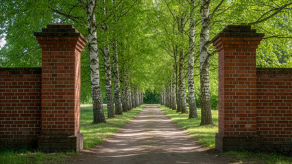 Naklejka premium Birch Tree Avenue with Old Brick Gate Pillars