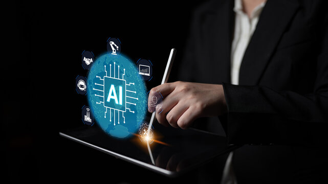 Hand of Business Professional Interacting with AI Technology on Digital Tablet with Icons Representing Innovation, Automation, and Future Solutions. Glyphic.
