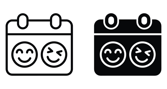 Calendar icon with happy smiley faces in outline and solid styles for mood tracking schedule planning and emotional well being management