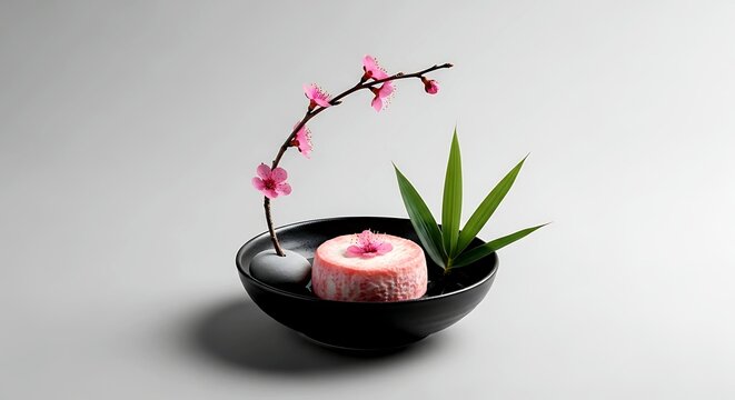 a small round wheel of aged Sakura smoked cheese centered in a shallow black raku pottery bowl, arranged as the focal blossom in an ikebana composition 