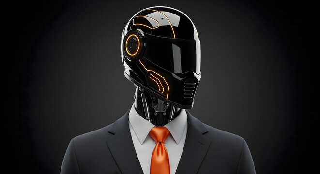 A futuristic robot in a business suit wearing a glowing helmet against a dark background.