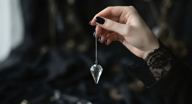 Close-up of a woman with black nail polish holding a crystal pendulum for dowsing.