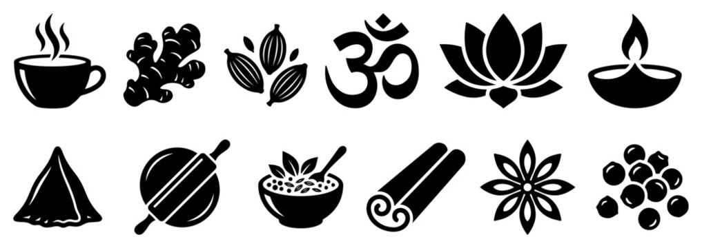 Indian food spices and spiritual symbols including chai samosa and om black silhouettes