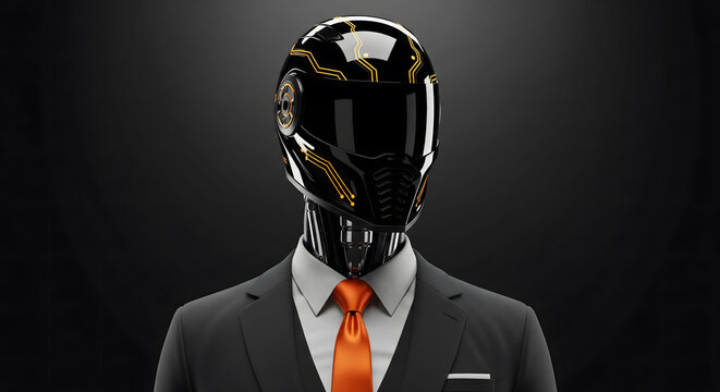 A futuristic robot wearing a business suit and a high-tech helmet with glowing circuit patterns.
