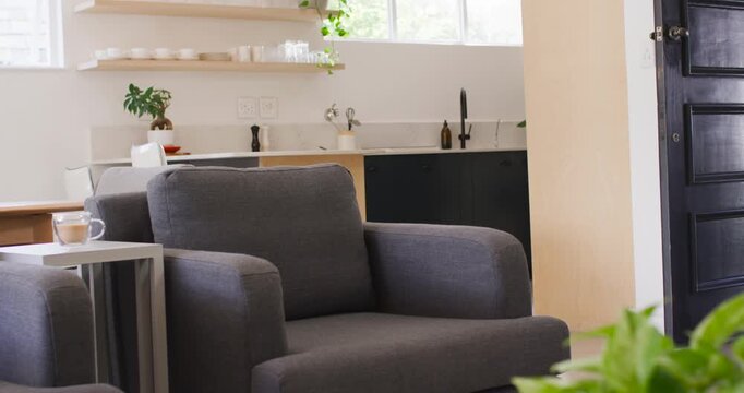 Camera is shifting slightly right and downward in open-plan living area, revealing grey armchair