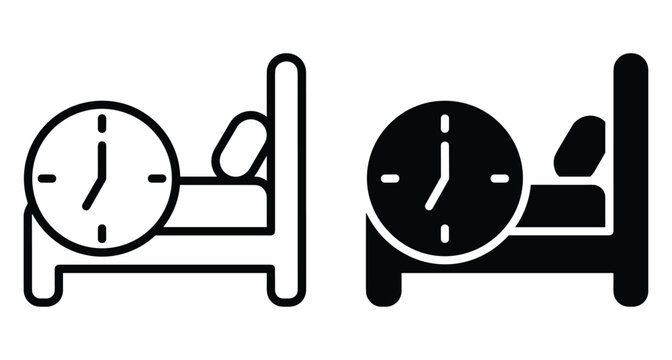 Bed and clock icon set representing sleep time schedule hotel check out duration rest period alarm clock and bedroom furniture