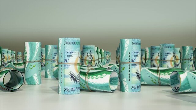 Rolled Stacks Of Vanuatu 10000 Vatua Banknotes with Slow Camera Movement, Realistic Currency Animation, 4K Stock Video for commercial 