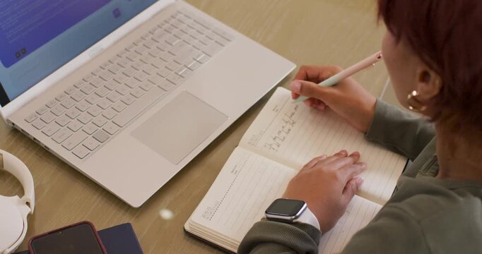 Woman taking notes in notebook with pastel pen prompted by laptop planning slide, copy space