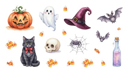Fototapeta premium Halloween themed illustrations featuring cats pumpkins ghosts and bats