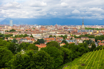 Fototapeta premium Panoramic view of Turin and the Mole Antonelliana from the gardens of the Villa della Regina in Turin
