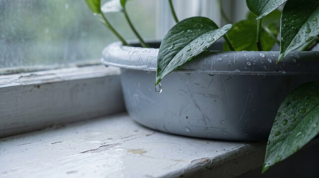 Raindrop Hanging Above Plastic Basin by Pothos on a Wet Apartment Window