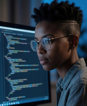 Black female software developer working late night at computer. African girl coder writes code on digital monitor screen. specialist creates web app script in office environment. Person wears
