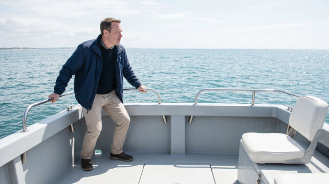 Seasick Passenger Holding Rail on Small Charter Boat During Daytime Cruise
