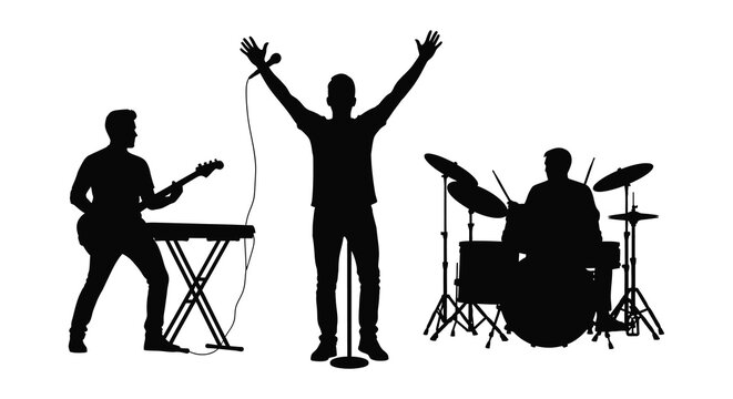 A black silhouette illustration featuring a musical band with a singer a keyboard player and a drummer performing together