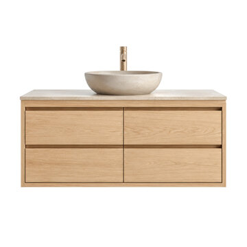 Floating oak bathroom vanity with vessel sink and countertop