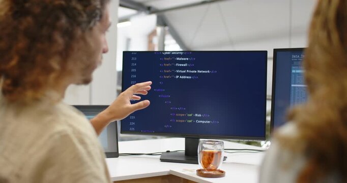 Male female coworkers reviewing security list on wide monitor on desk, pointing to code near teacup