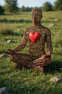 Metal wire geometric human figure sits in lotus pose on green meadow. Minimalist sculpture features bright red heart symbol in chest area. Abstract art piece stays outdoors in park field under sunny