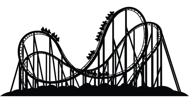 A black and white silhouette graphic showing a tall roller coaster with multiple steep drops and loops against white background