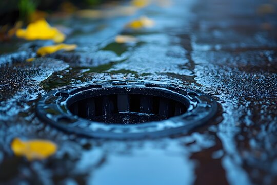 Close-up of a dark metal storm drain on a wet asphalt street with fallen yellow autumn leaves