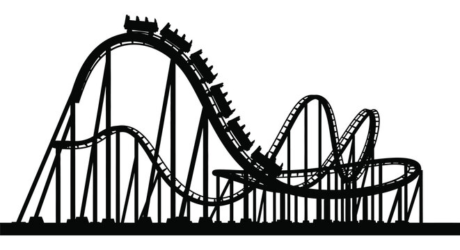 A detailed black and white illustration showing a tall roller coaster track with a train moving down the steep hill