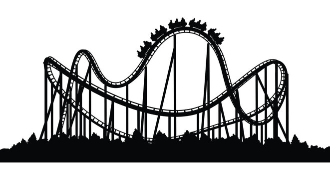 A detailed black silhouette of a large roller coaster ride featuring multiple steep hills and loops against a white background