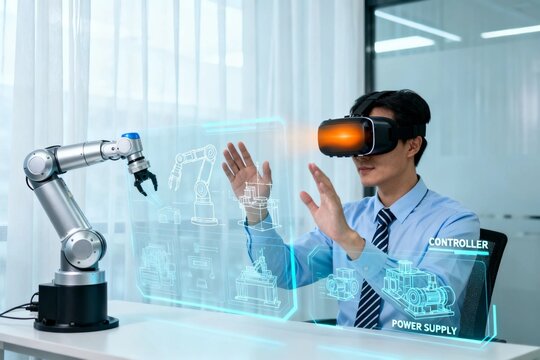Businessman Using VR with Robot Arm Interface