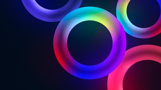 Abstract neon gradient rings motion background, glowing colorful 3 d torus shapes rotating in dark space
