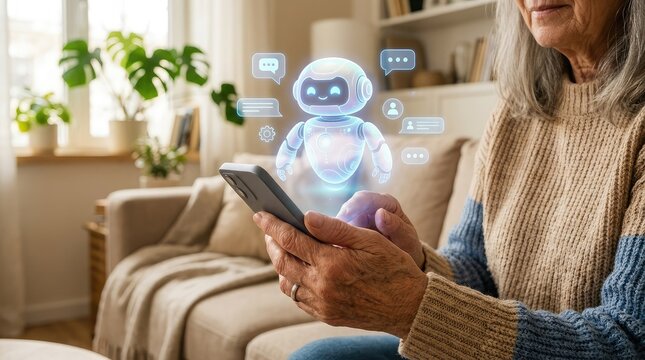 Senior woman using smartphone with augmented reality virtual AI chatbot assistant at home artificial intelligence
