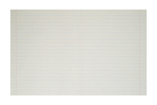 blank notebook sheet in blue lines with red vertical margins on the sides over white backdrop