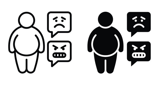 overweight person icon set with sad and angry speech bubbles representing body shaming weight stigma bullying and negative mental health