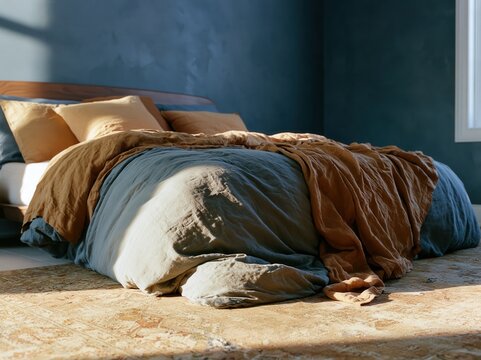 Cozy Unmade bed with blue linen bedding and warm terracotta blanket in moody bedroom