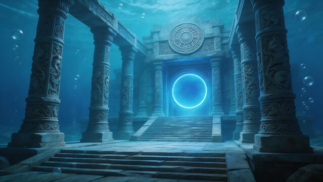 Underwater ancient temple with glowing portal