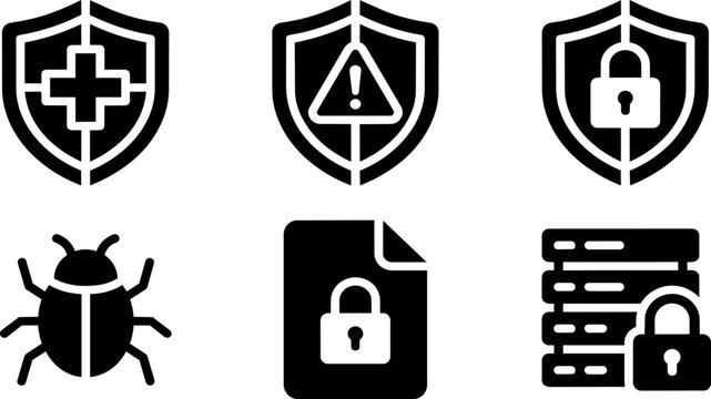 Cyber Security and Data Protection Icon Set. Vector glyph icons featuring shield, padlock, bug, secure document, and protected server for database safety, antivirus, and warning alerts.