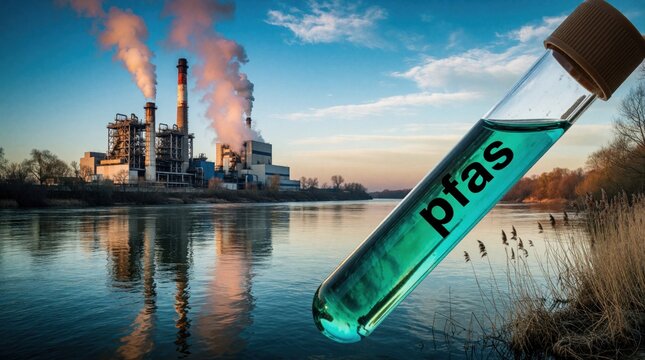 Test tube with PFAS chemical in river water near industrial factory emitting smoke. Environmental pollution study on contaminated water source. Nature vs industry threat.