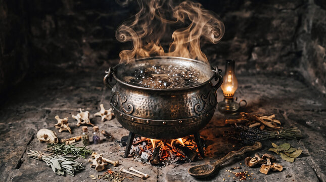 Witch cauldron boiling over fire. Magic potion brewing in a dark mystical ritual setting.