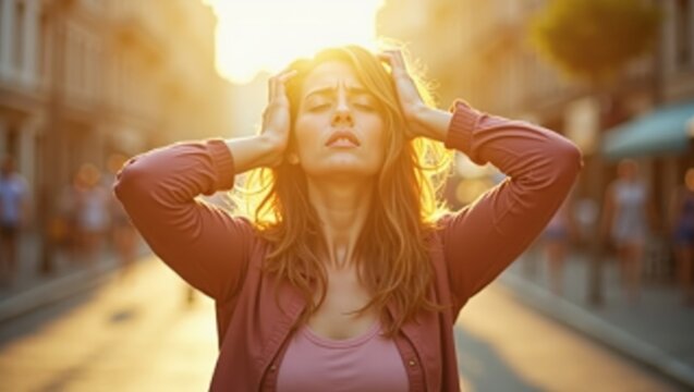 Young woman suffering from summer heat in city street at sunset, feeling hot during heatwave, urban lifestyle concept with warm sunlight, high temperature and exhaustion	