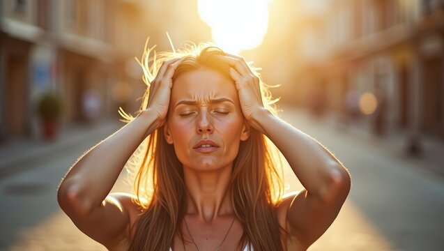 Young woman suffering from summer heat in city street at sunset, feeling hot during heatwave, urban lifestyle concept with warm sunlight, high temperature and exhaustion	
