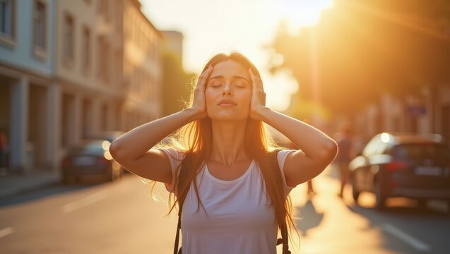 Young woman suffering from summer heat in city street at sunset, feeling hot during heatwave, urban lifestyle concept with warm sunlight, high temperature and exhaustion	