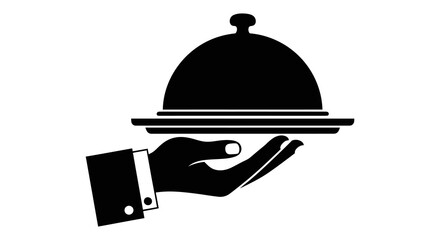 Fototapeta premium A black and white graphic illustration of a formal waiter hand holding a silver serving platter with a lid
