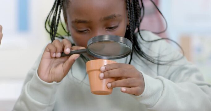 Class cue causing teenage African American student examining terracotta pot with magnifier at table