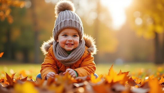 Happy adorable toddler holding colorful autumn maple leaf in a sunny park. Cute child wearing warm clothes enjoying fall season outdoors with golden foliage and smiling at camera.	