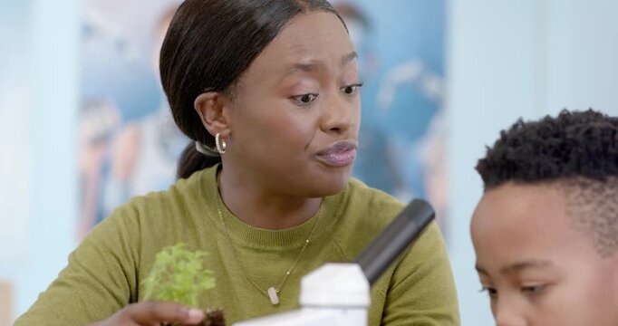 African American teacher with two kids in lab placing seedling on microscope, guiding plant study